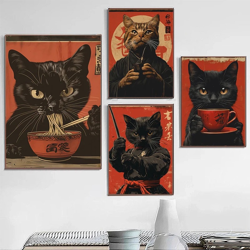 Japanese Eating Lifestyle - Japanese Edo Style Black Cat Eating